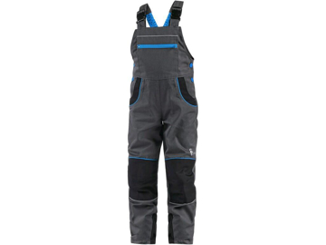 Obrázek CXS PHOENIX CASPER Dětské pracovní kalhoty s laclem šedé s černými a modrými doplňky