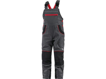 Obrázek CXS PHOENIX CASPER Dětské pracovní kalhoty s laclem šedé s černými a červenými doplňky