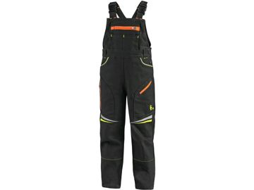 Obrázek CXS GARFIELD Dětské pracovní kalhoty s laclem černé s HV žluto/oranžovými doplňky