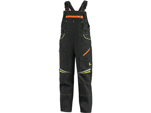 Obrázek z CXS GARFIELD Dětské pracovní kalhoty s laclem černé s HV žluto/oranžovými doplňky 